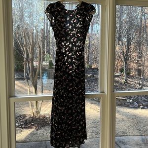 Reformation A-line cutout back dress. Black with pink florals.